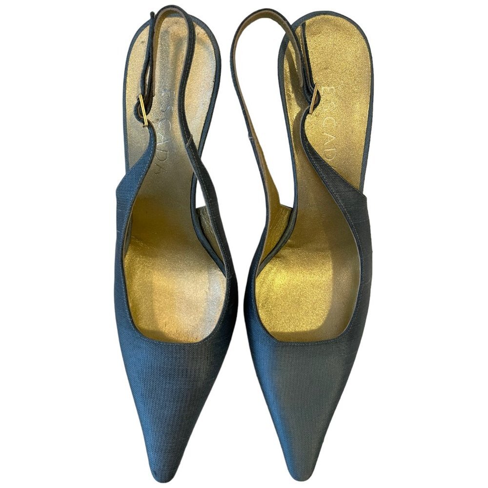 ESCADA Shoes Bryne Pale Blue Silk Slingback High Heel Pumps Size 37.5, US 7.5
